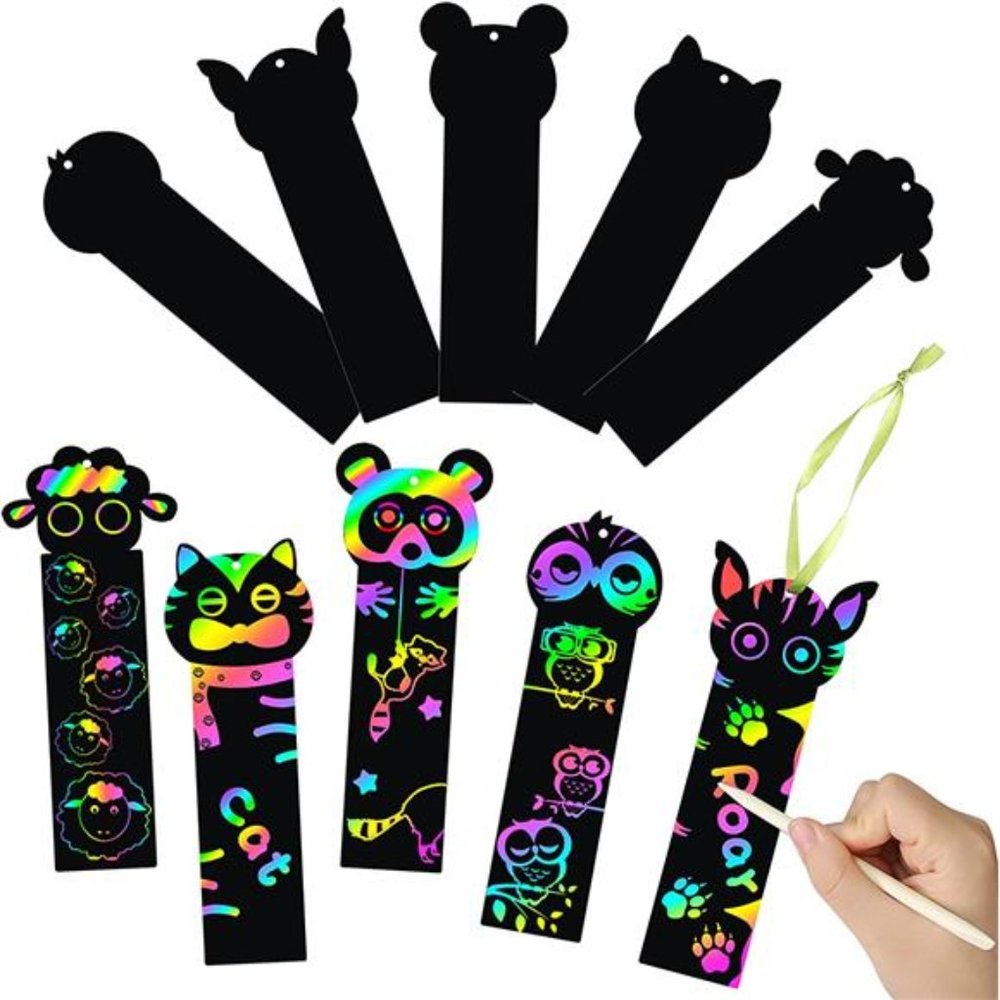 70Pcs Animal Scratch Bookmarks Rainbow Scratch DIY Hang Tags Party Favors Theme